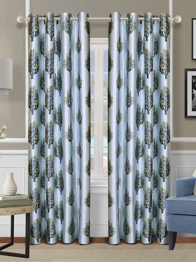 Tree Printed Polyester Curtain Set of 2, Blue & Green